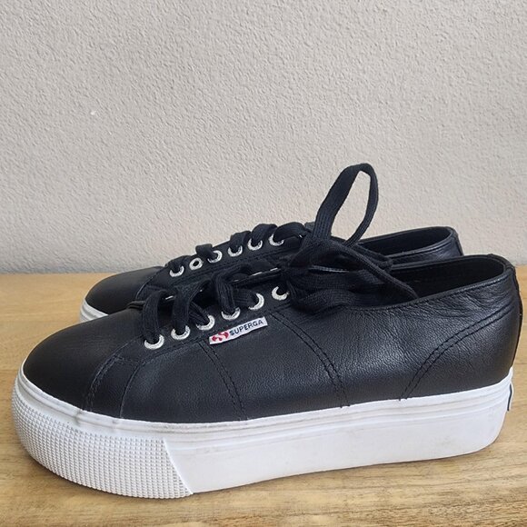 Superga 2790 Platform Leather Shoes Womens Size 8.5 Black Lace Up S00C790 - Picture 5 of 11
